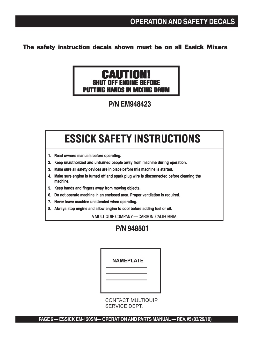 Multiquip EM-120SM manual Operation And Safety Decals, Essick Safety Instructions, P/N EM948423, Shut Off Engine Before 