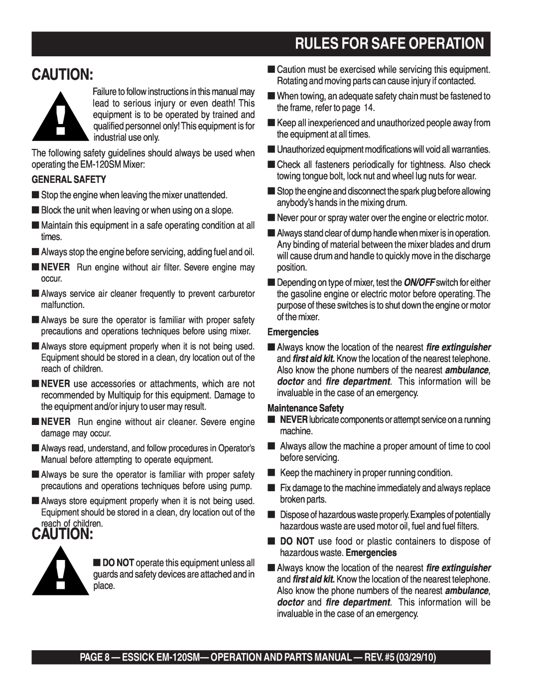 Multiquip EM-120SM manual Rules For Safe Operation, General Safety, Emergencies, Maintenance Safety 
