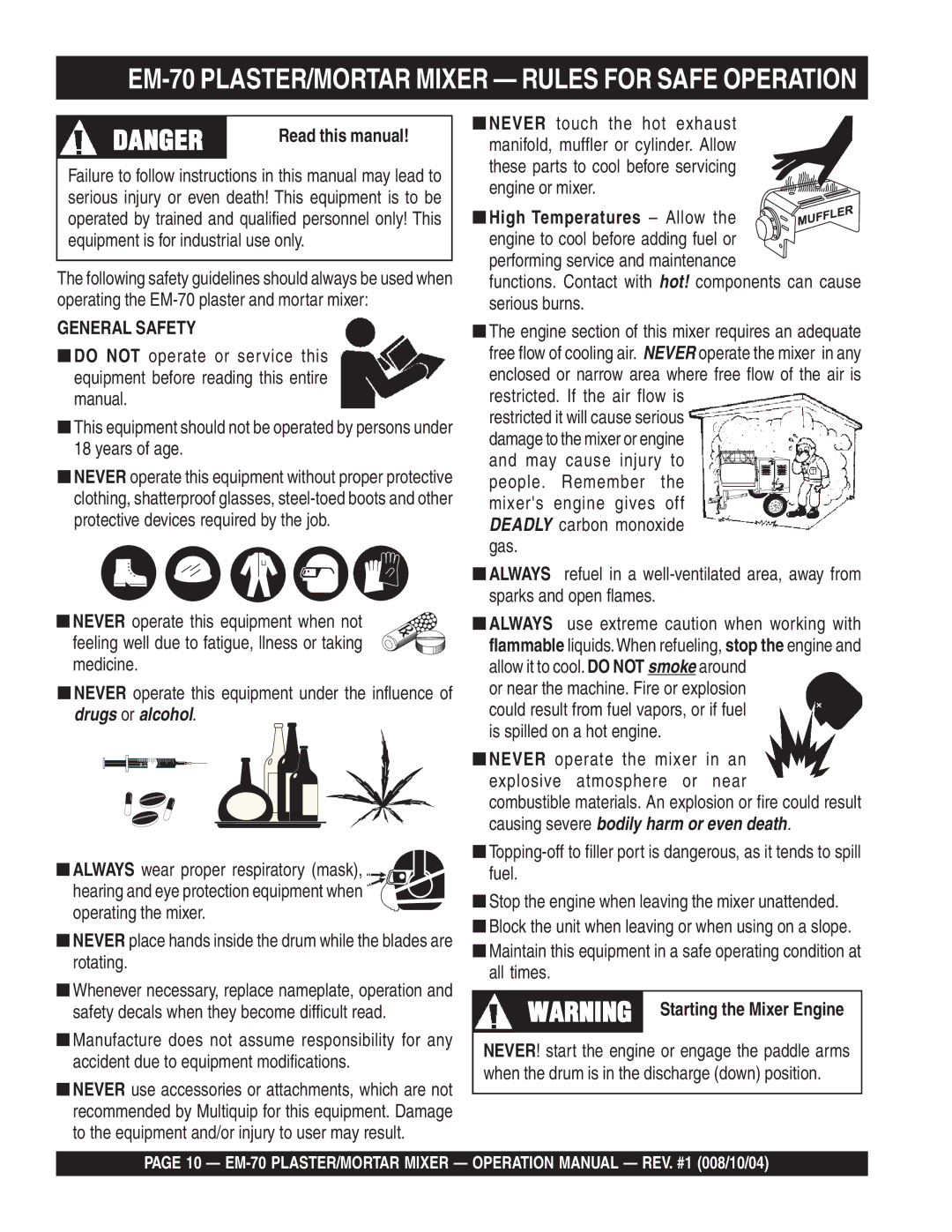 Multiquip EM-70P, EM-70S EM-70 PLASTER/MORTAR Mixer Rules for Safe Operation, Read this manual 