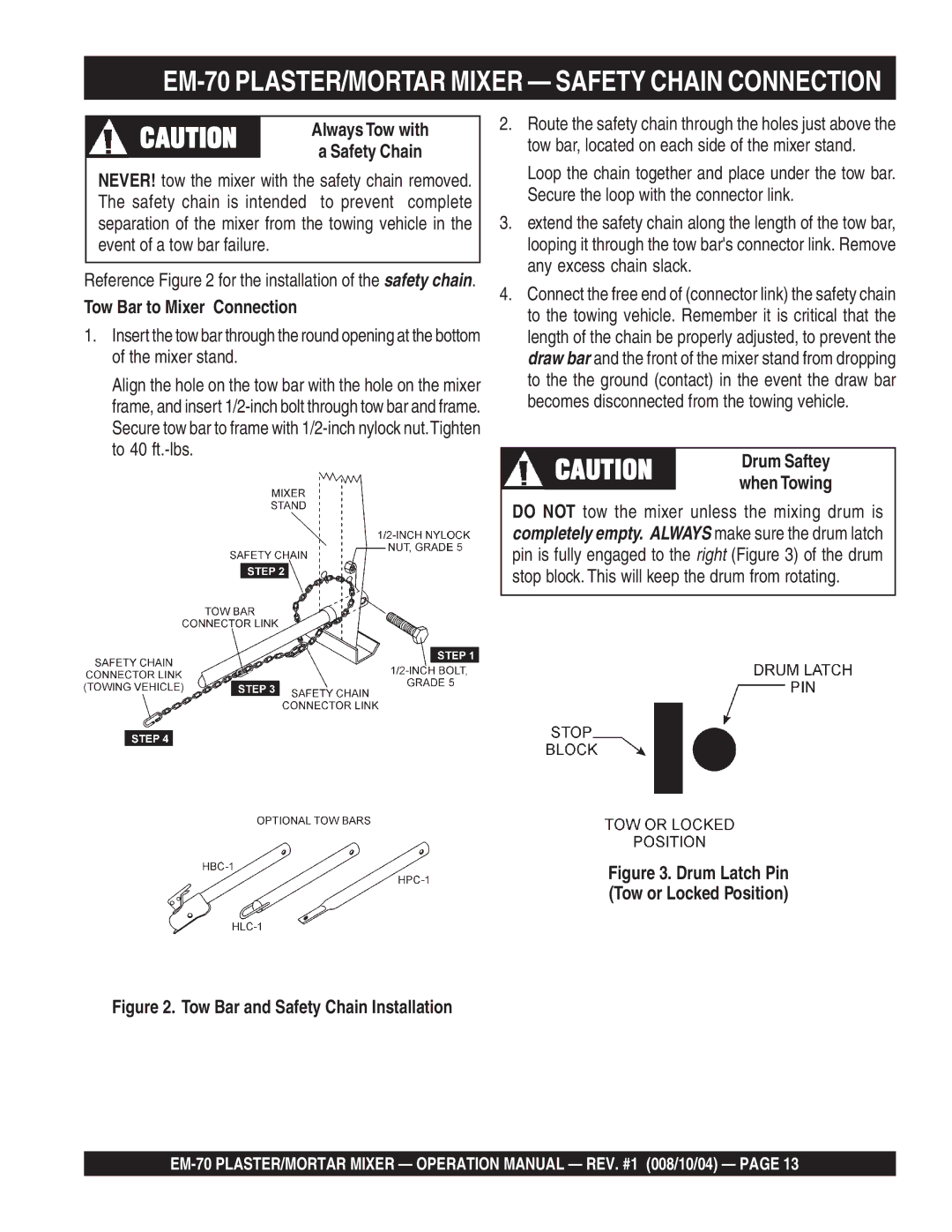 Multiquip EM-70S, EM-70P EM-70 PLASTER/MORTAR Mixer Safety Chain Connection, Always Tow with, Tow Bar to Mixer Connection 