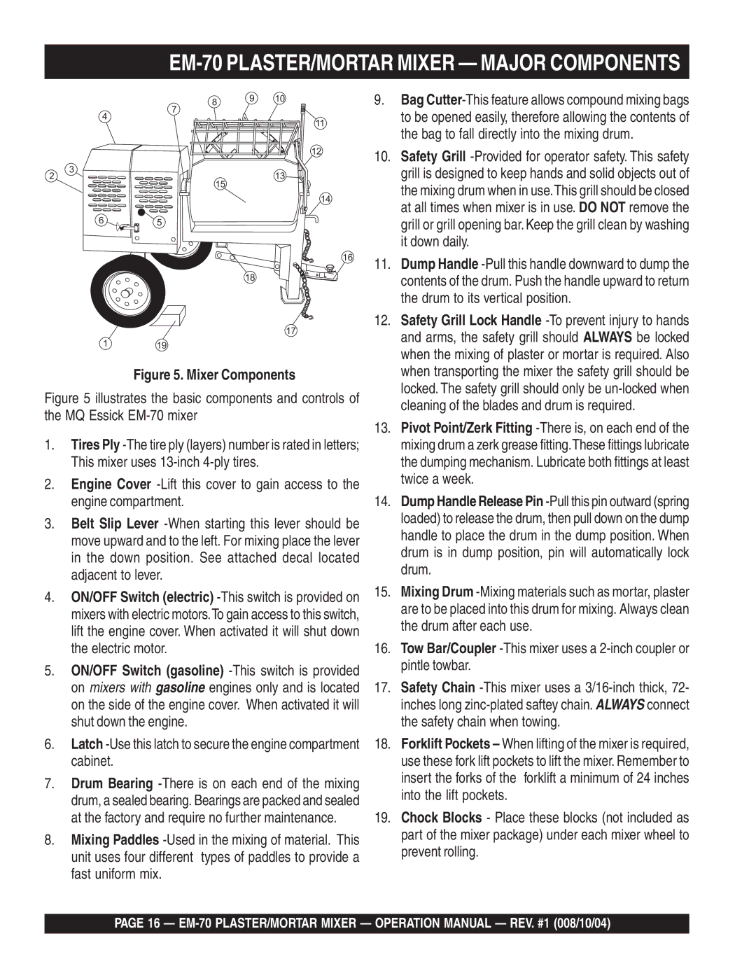 Multiquip EM-70P, EM-70S manual EM-70 PLASTER/MORTAR Mixer Major Components, Mixer Components 