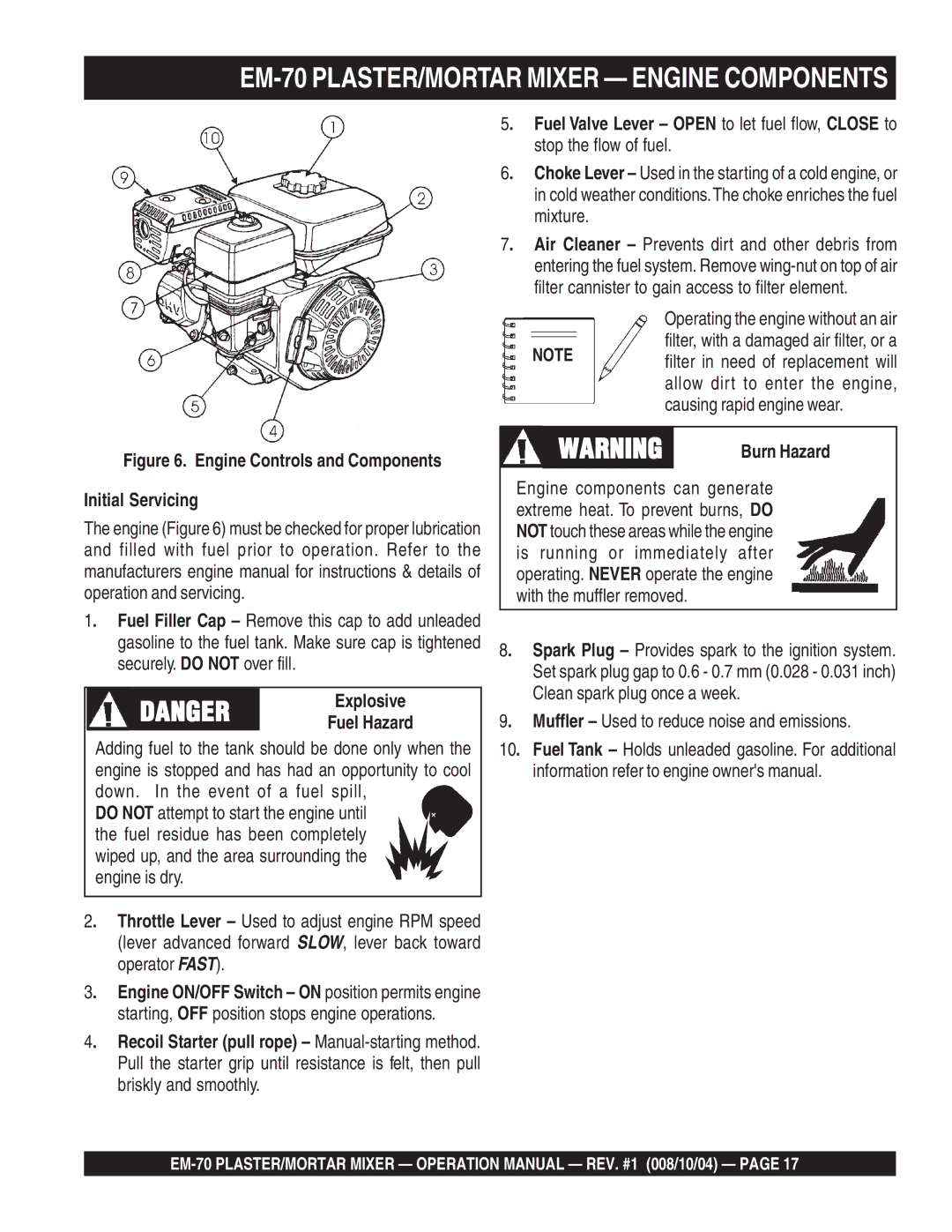 Multiquip EM-70S, EM-70P manual EM-70 PLASTER/MORTAR Mixer Engine Components, Initial Servicing, Explosive, Burn Hazard 