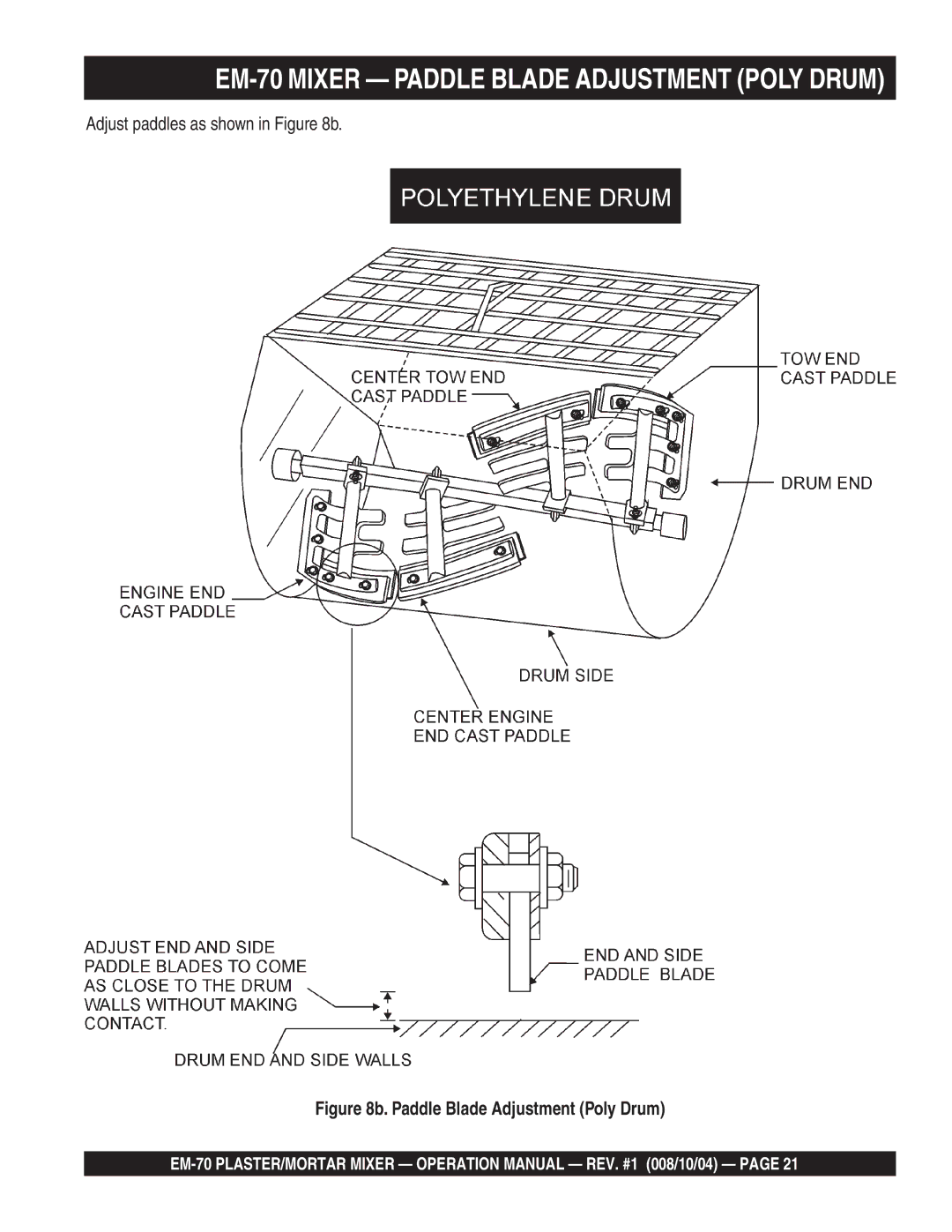 Multiquip EM-70S, EM-70P manual Adjust paddles as shown in b, Paddle Blade Adjustment Poly Drum 