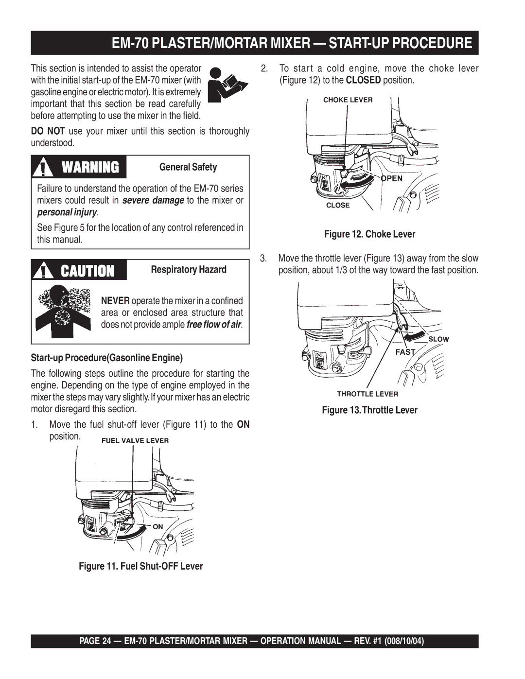 Multiquip EM-70P, EM-70S manual EM-70 PLASTER/MORTAR Mixer START-UP Procedure, General Safety, Respiratory Hazard 