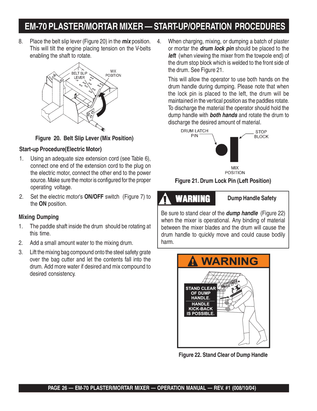 Multiquip EM-70P, EM-70S manual EM-70 PLASTER/MORTAR Mixer START-UP/OPERATION Procedures, Mixing Dumping, Dump Handle Safety 