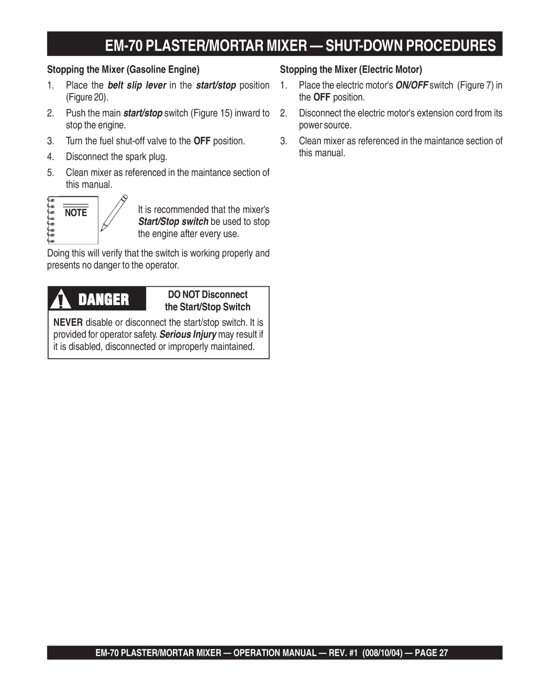 Multiquip EM-70S EM-70 PLASTER/MORTAR Mixer SHUT-DOWN Procedures, OFF position, Stop the engine, Engine after every use 