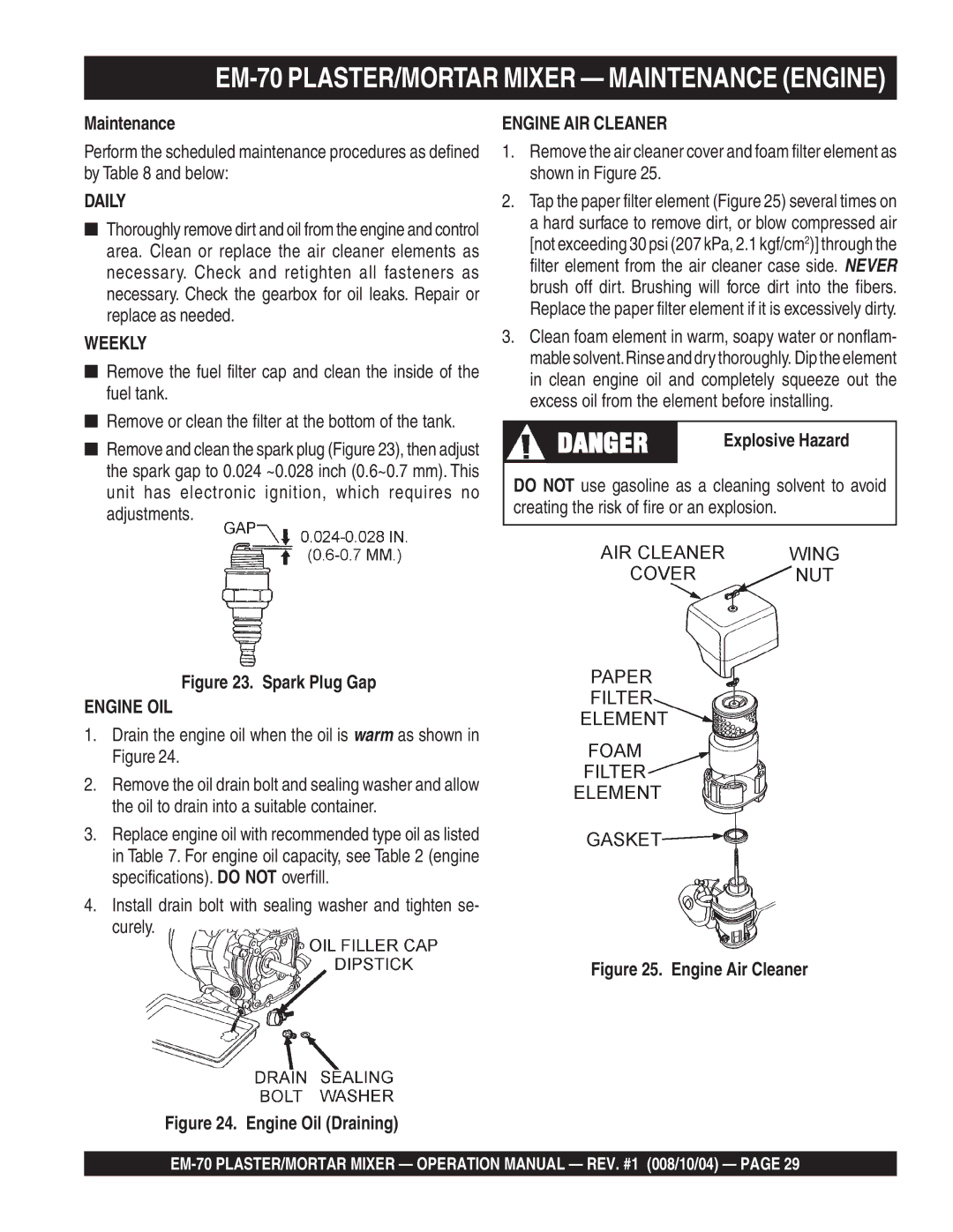 Multiquip EM-70S, EM-70P manual EM-70 PLASTER/MORTAR Mixer Maintenance Engine, Explosive Hazard 