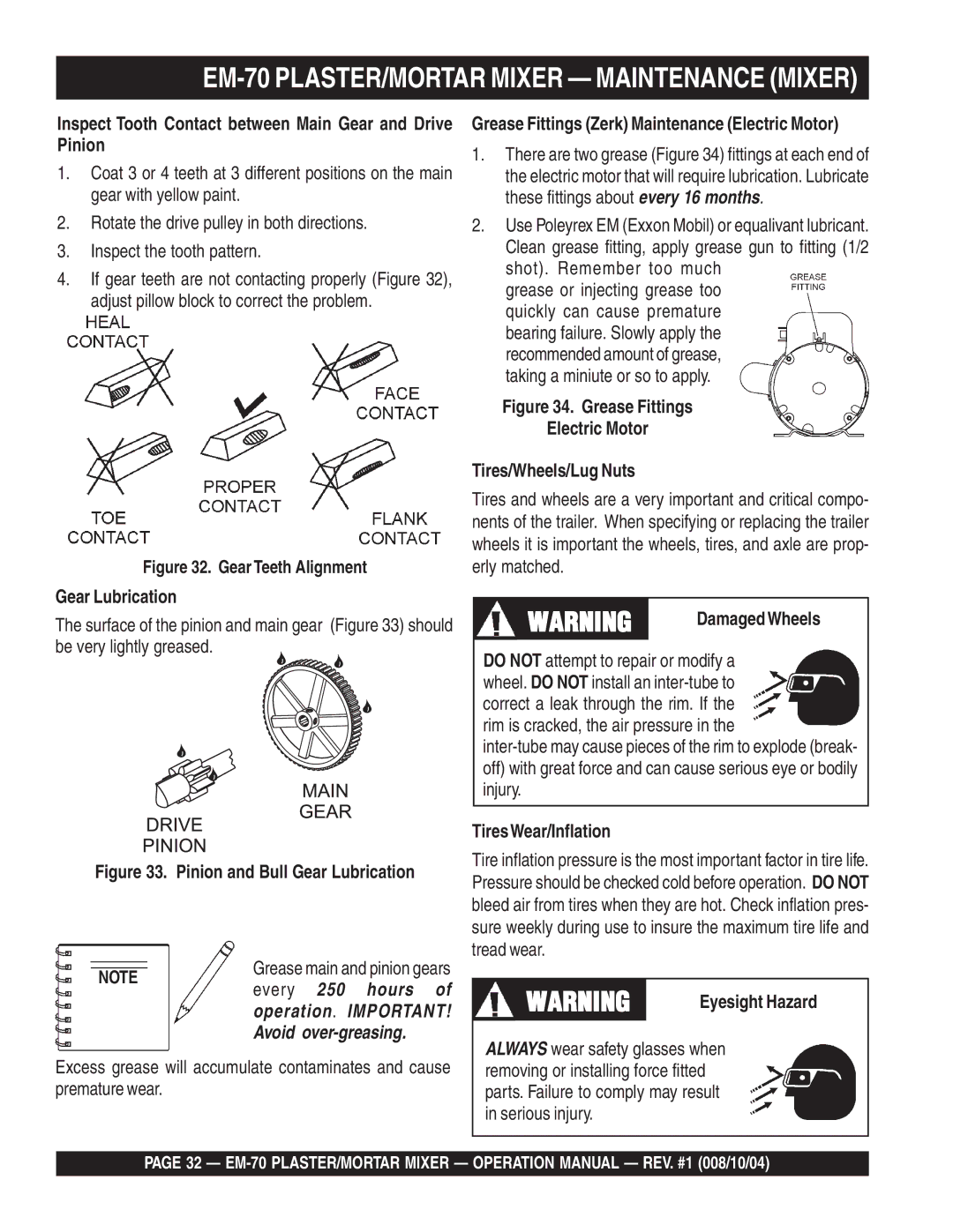 Multiquip EM-70P, EM-70S Inspect Tooth Contact between Main Gear and Drive Pinion, Gear Lubrication, TiresWear/Inflation 