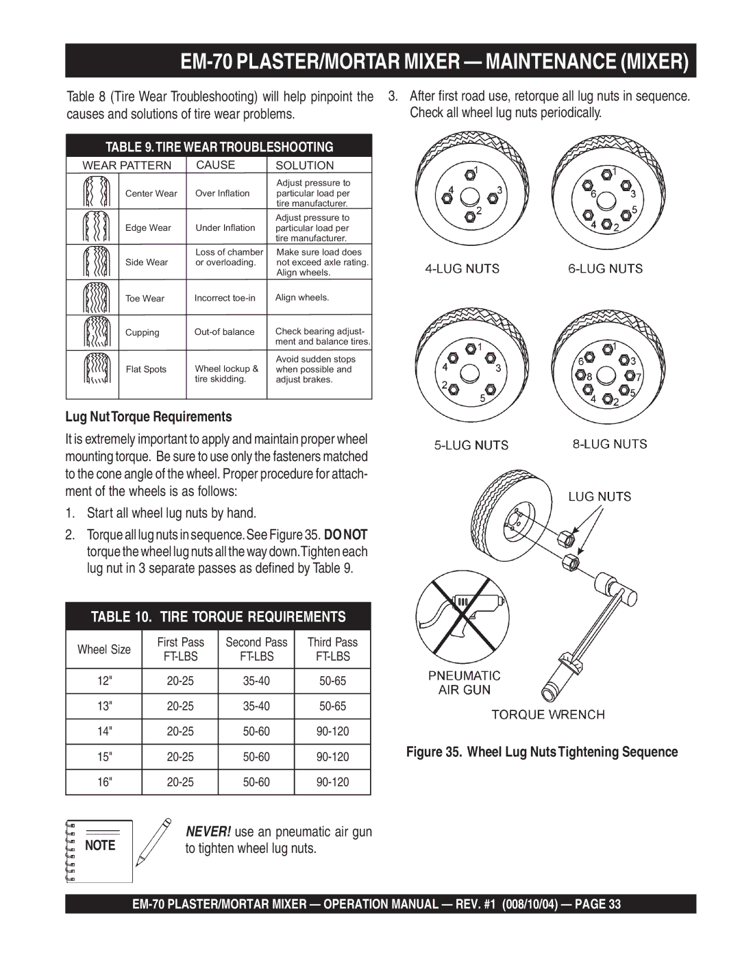 Multiquip EM-70S, EM-70P manual Lug NutTorque Requirements, Start all wheel lug nuts by hand 