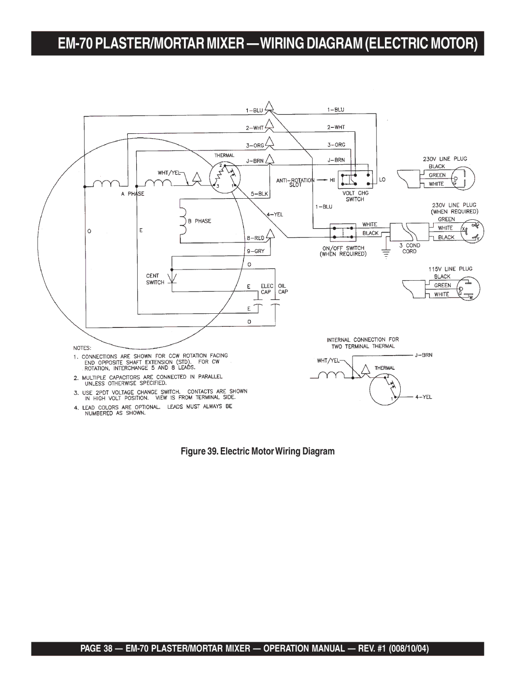 Multiquip EM-70P, EM-70S manual EM-70 PLASTER/MORTAR Mixer -WIRING Diagram Electric Motor 