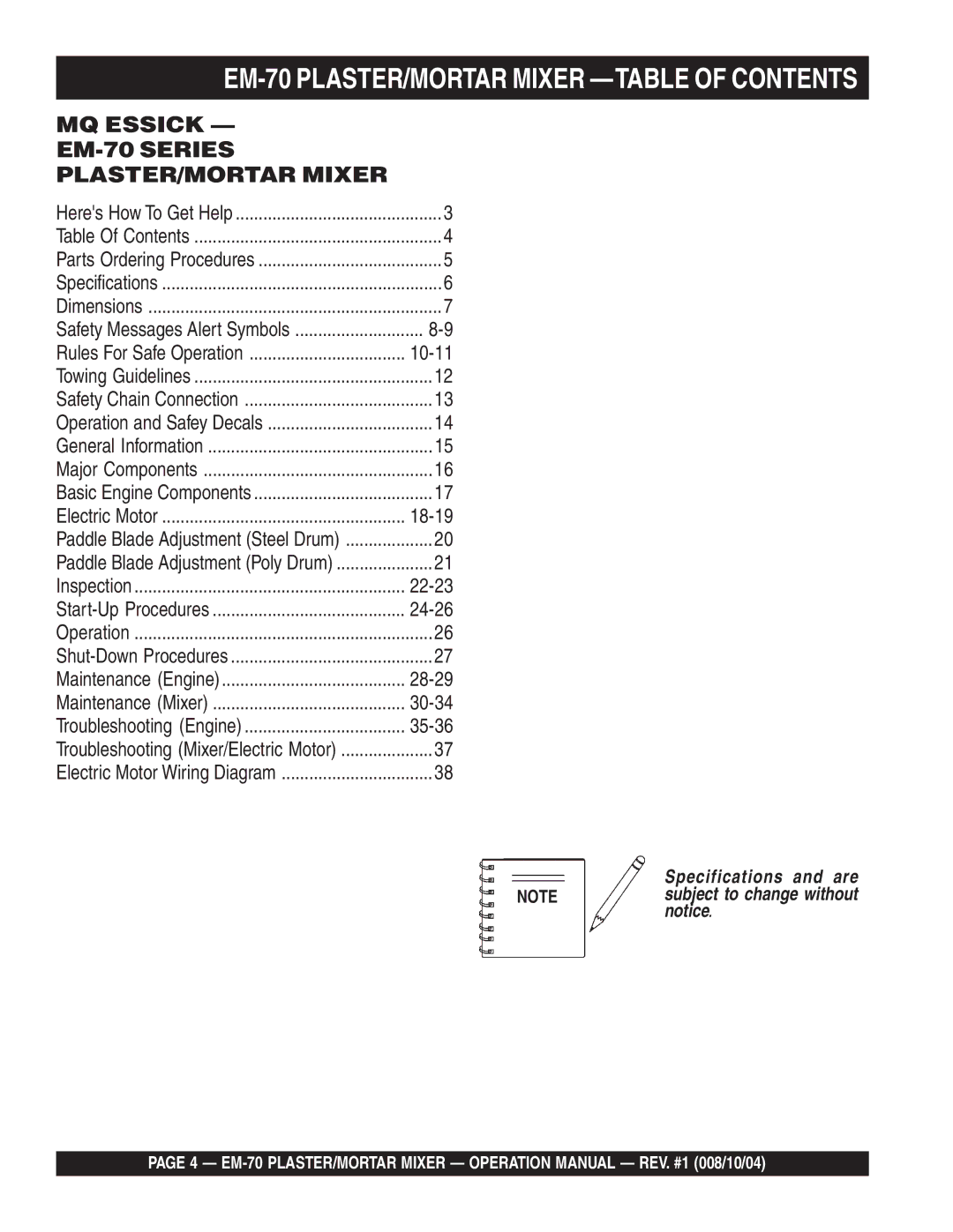 Multiquip EM-70P, EM-70S manual EM-70 PLASTER/MORTAR Mixer -TABLE of Contents 