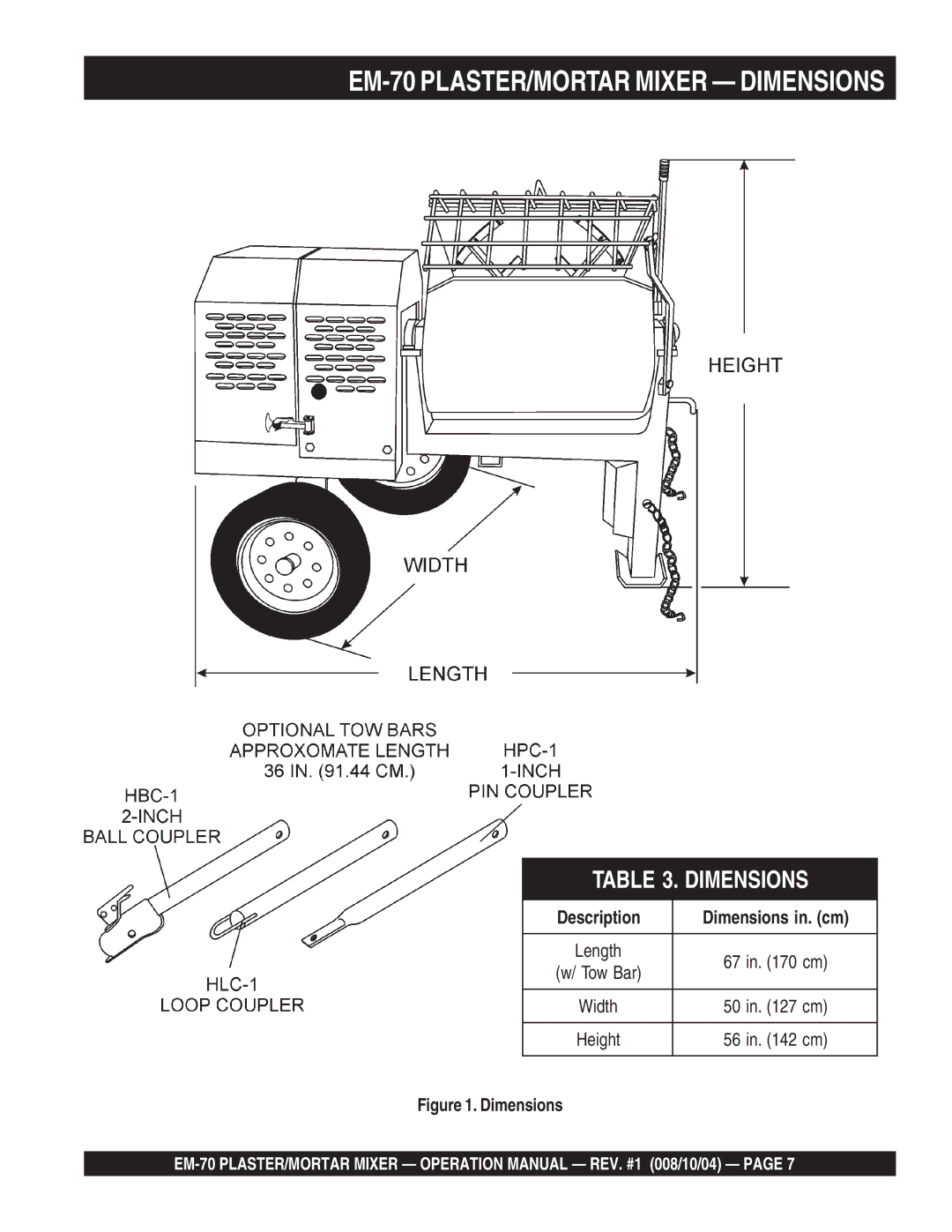 Multiquip EM-70S, EM-70P manual EM-70 PLASTER/MORTAR Mixer Dimensions, Description Dimensions in. cm 