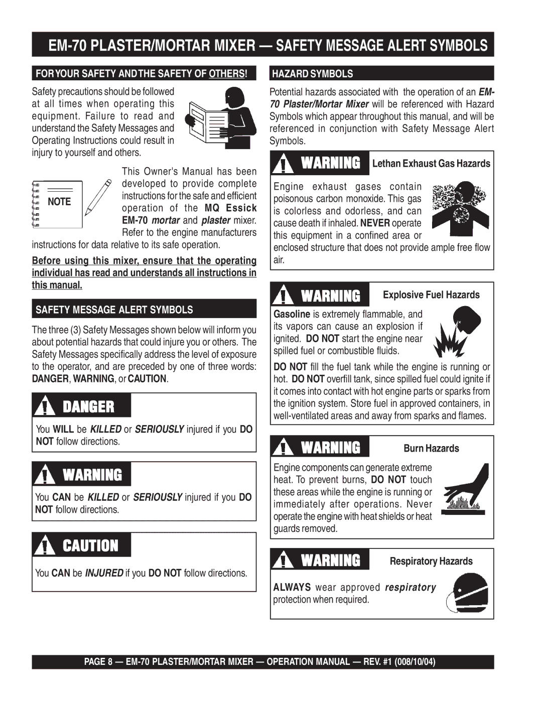 Multiquip EM-70P, EM-70S manual EM-70 PLASTER/MORTAR Mixer Safety Message Alert Symbols, Burn Hazards, Respiratory Hazards 