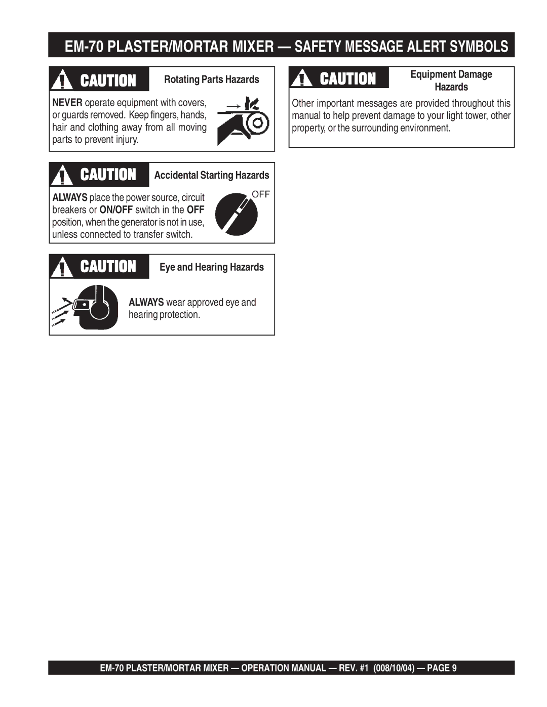 Multiquip EM-70S, EM-70P manual Always wear approved eye and hearing protection, Equipment Damage 