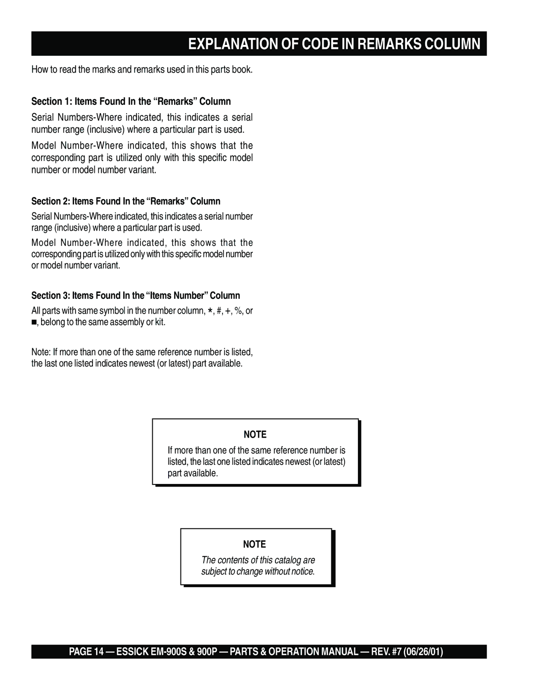 Multiquip EM-900S operation manual Explanation of Code in Remarks Column, Items Found In the Remarks Column 