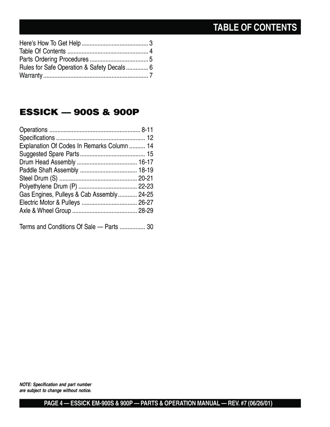 Multiquip EM-900S operation manual Table of Contents 