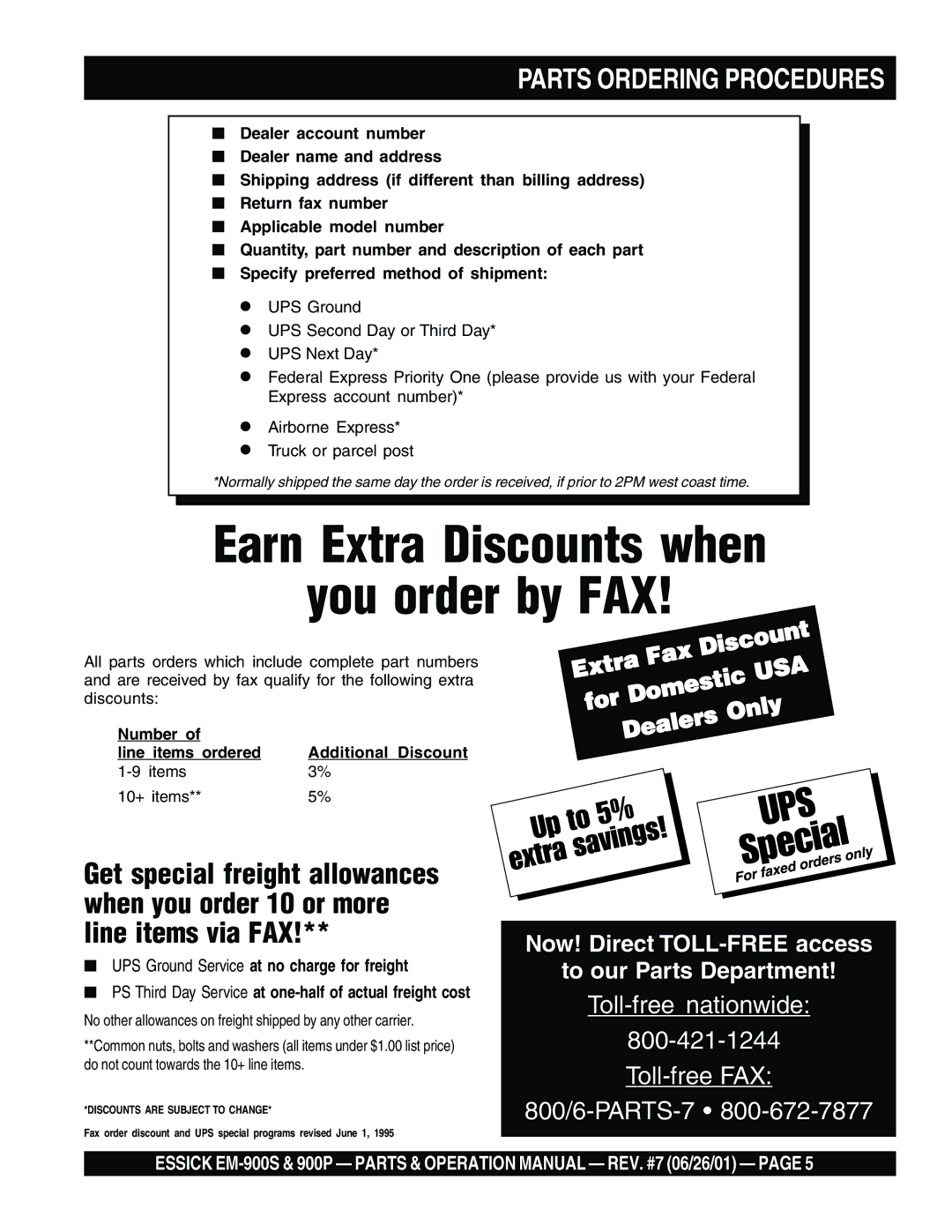 Multiquip EM-900S operation manual Earn Extra Discounts when You order by FAX, Parts Ordering Procedures 