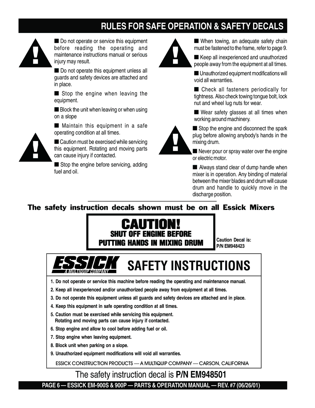 Multiquip EM-900S operation manual Safety Instructions 