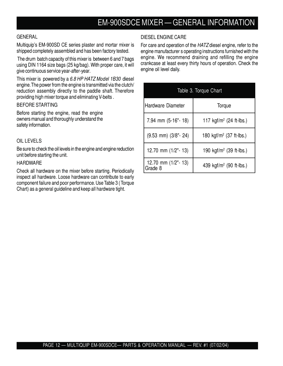 Multiquip manual EM-900SDCE Mixer General Information, Before Starting OIL Levels, Hardware, Diesel Engine Care 