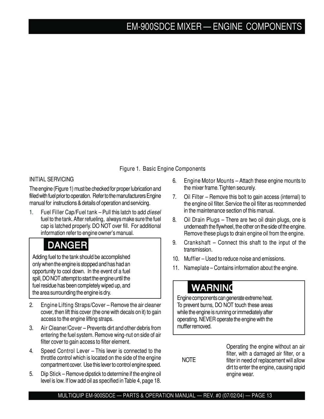 Multiquip manual EM-900SDCE Mixer Engine Components, Initial Servicing 