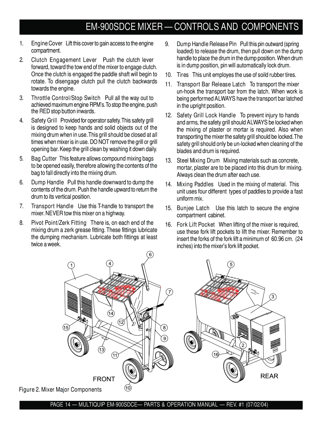 Multiquip manual EM-900SDCE Mixer Controls and Components, Tires This unit employes the use of soild rubber tires 