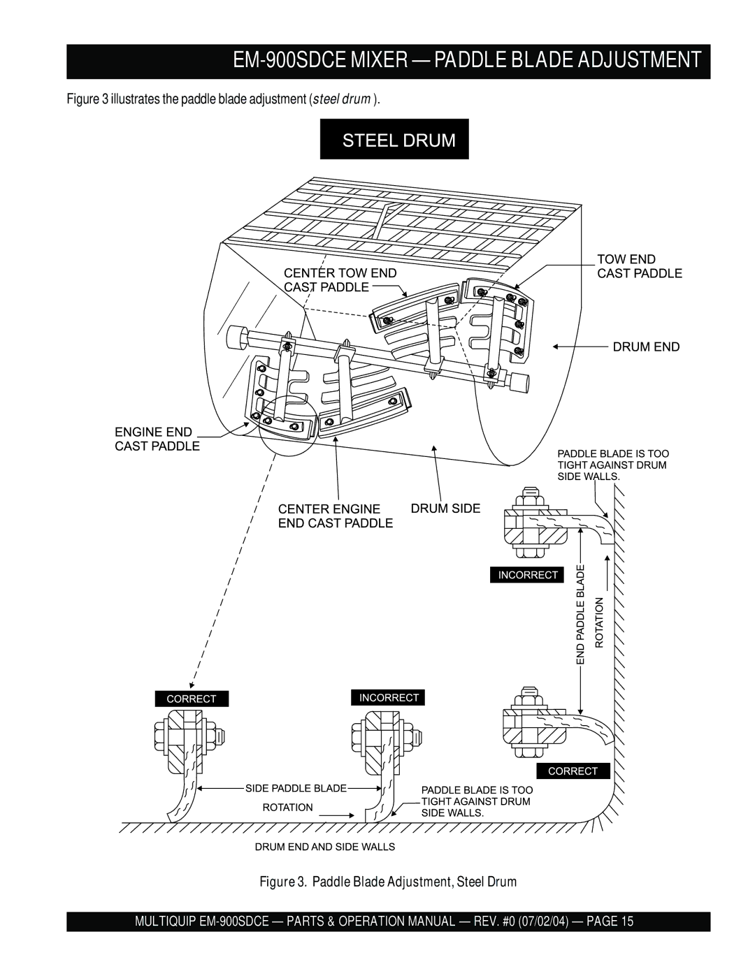 Multiquip manual EM-900SDCE Mixer Paddle Blade Adjustment, Illustrates the paddle blade adjustment steel drum 