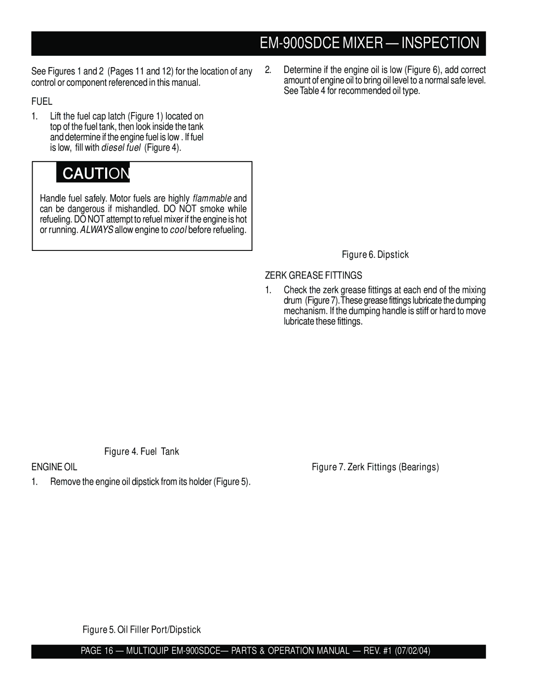 Multiquip manual EM-900SDCE Mixer Inspection, Fuel, Engine OIL, Zerk Grease Fittings 