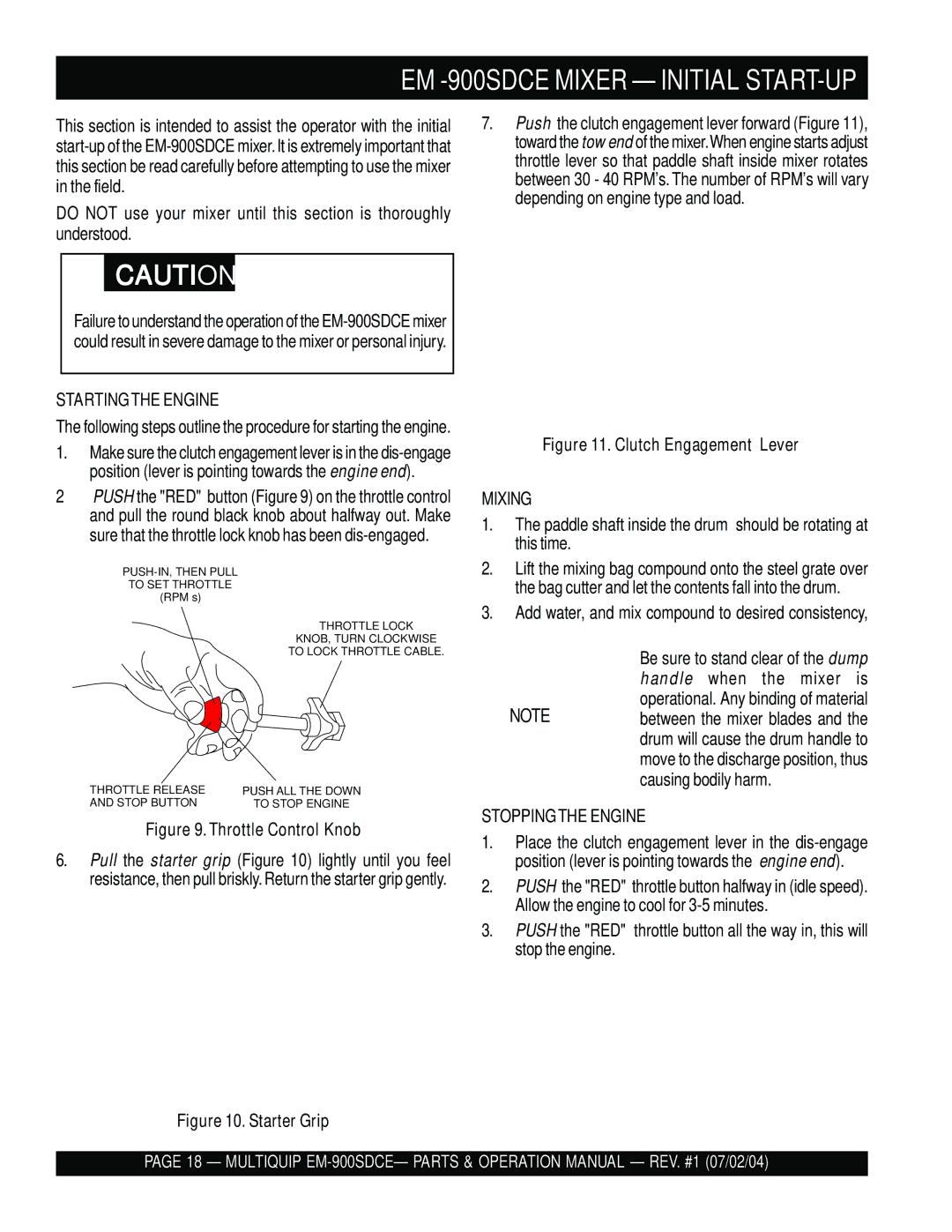Multiquip EM-900SD Startingthe Engine, Mixing, Add water, and mix compound to desired consistency, Stoppingthe Engine 