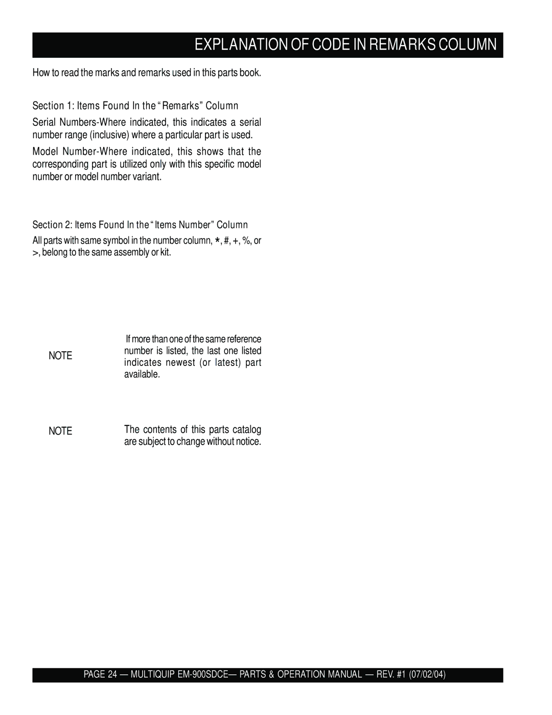 Multiquip EM-900SD manual Explanation of Code in Remarks Column, Items Found In the Remarks Column 