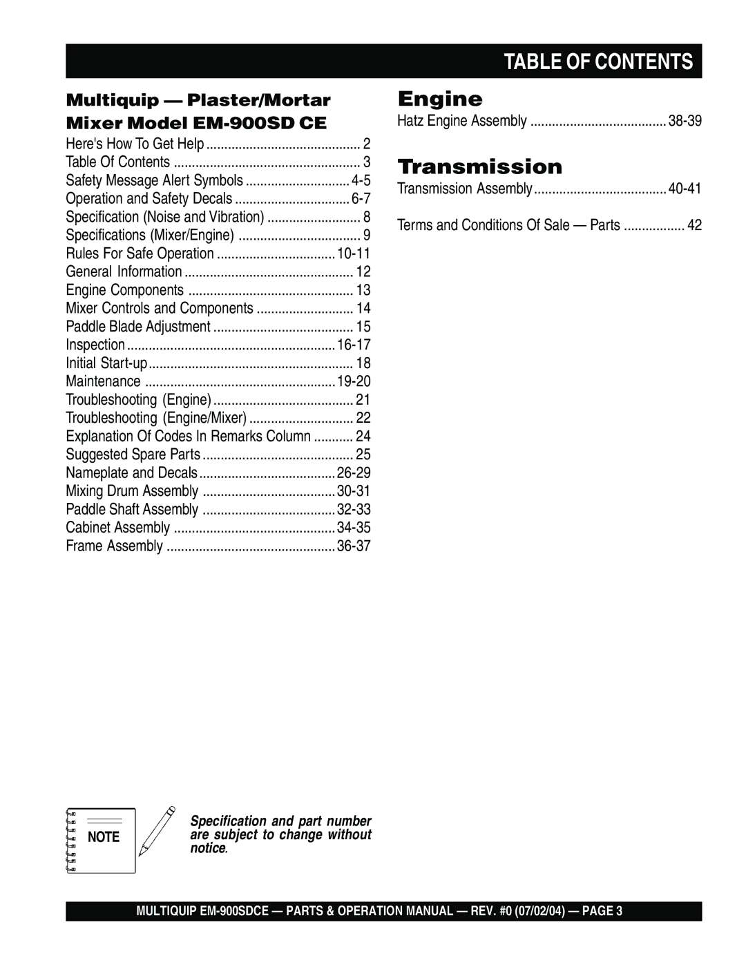 Multiquip EM-900SD manual 10-11, 16-17, 19-20, 26-29, 30-31, 32-33, 34-35, 36-37, 38-39, 40-41 