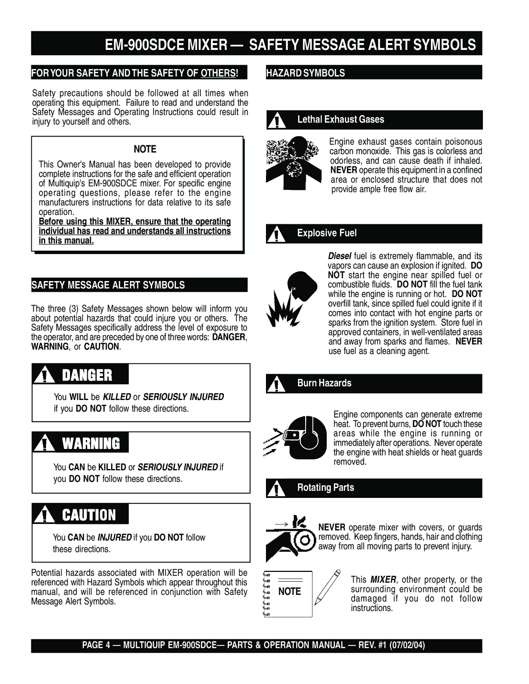 Multiquip manual EM-900SDCE Mixer Safety Message Alert Symbols, If you do not follow these directions 