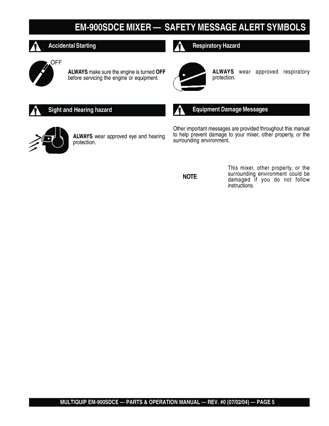 Multiquip manual EM-900SDCE Mixer Safety Message Alert Symbols, Always wear approved respiratory protection 