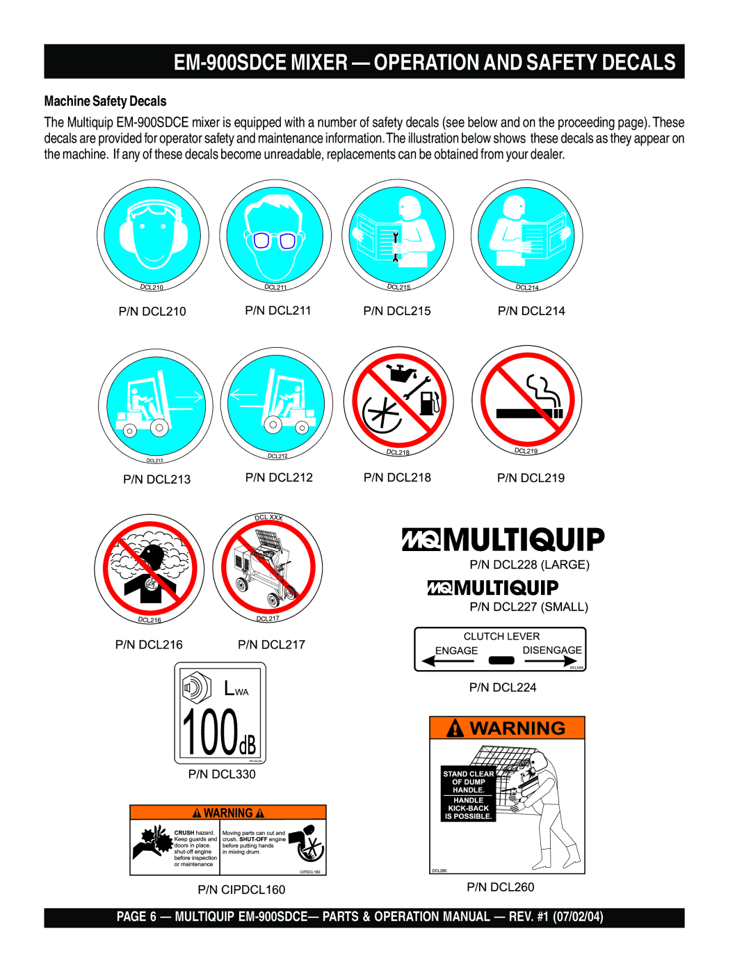 Multiquip manual EM-900SDCE Mixer Operation and Safety Decals, Machine Safety Decals 