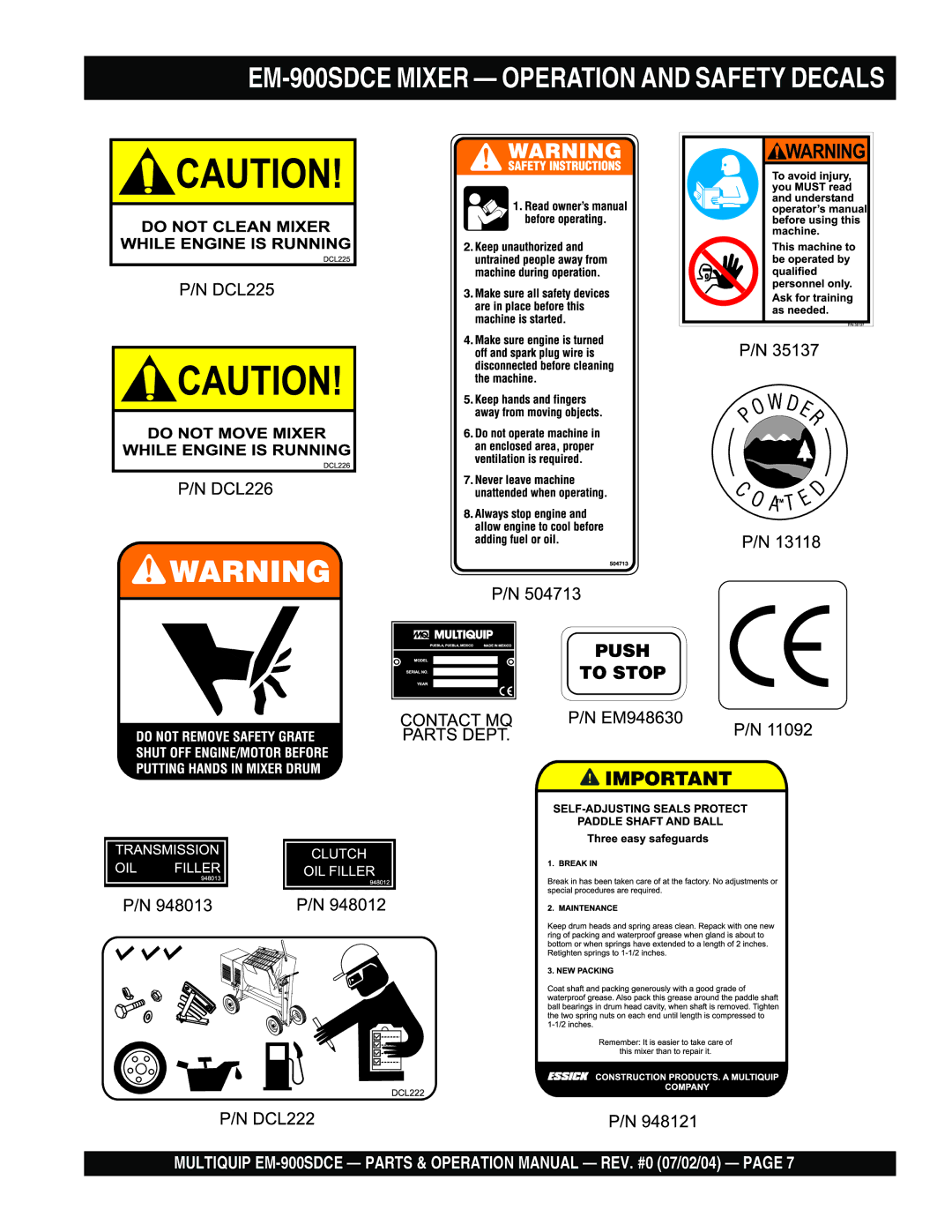 Multiquip manual EM-900SDCE Mixer Operation and Safety Decals 