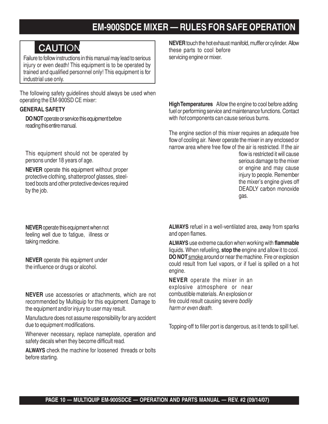 Multiquip manual EM-900SDCE Mixer Rules for Safe Operation, General Safety 