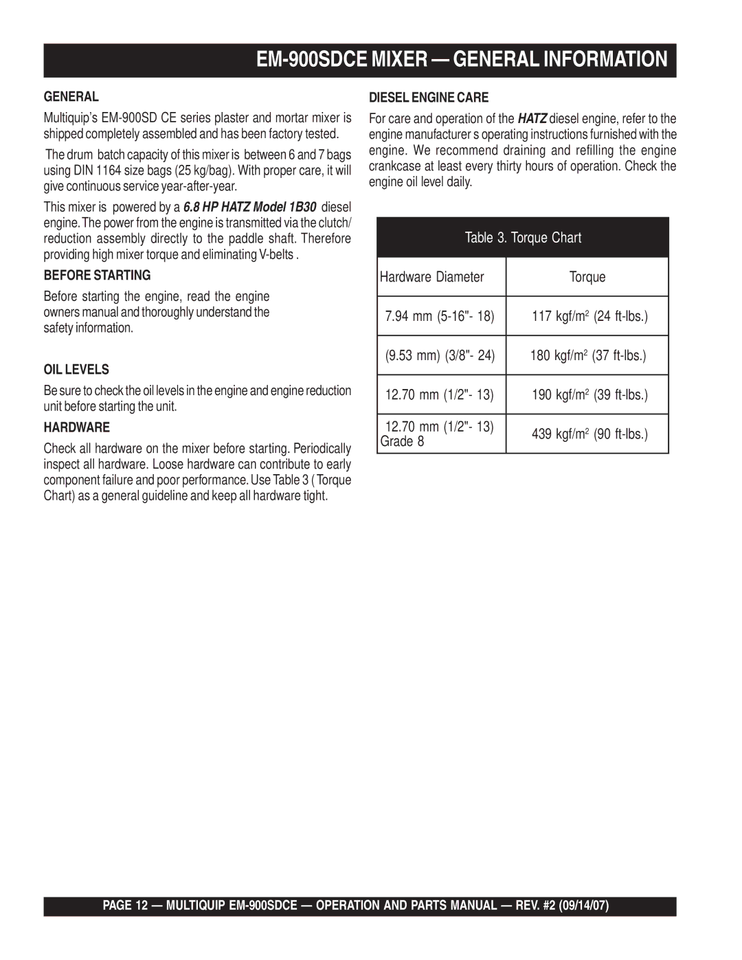 Multiquip manual EM-900SDCE Mixer General Information, Before Starting OIL Levels, Hardware, Diesel Engine Care 