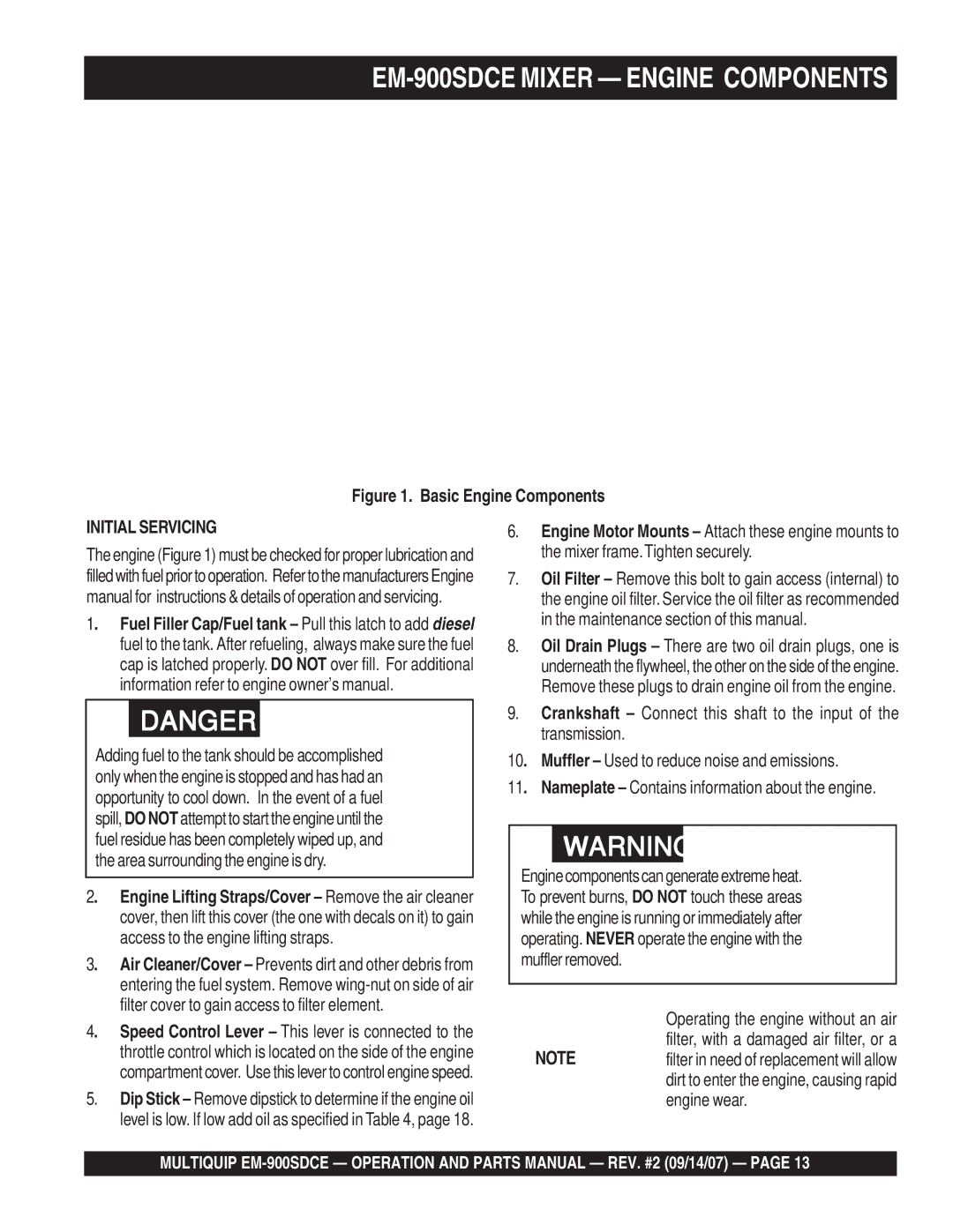 Multiquip manual EM-900SDCE Mixer Engine Components, Initial Servicing 