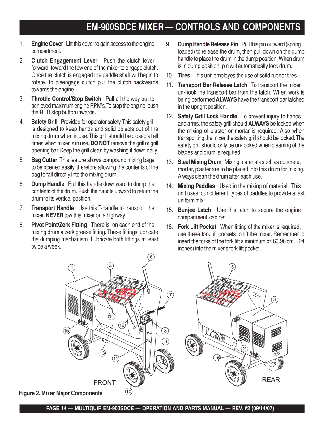 Multiquip manual EM-900SDCE Mixer Controls and Components, Tires This unit employes the use of soild rubber tires 