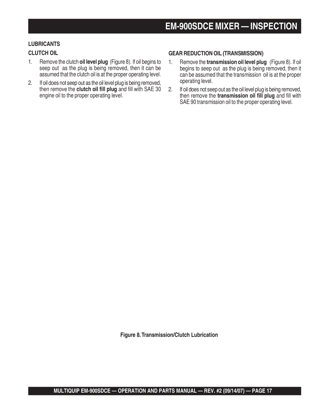 Multiquip manual EM-900SDCE Mixer Inspection, Lubricants Clutch OIL, Gear Reduction OIL Transmission 