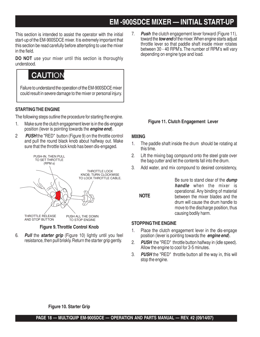 Multiquip EM-900SD Startingthe Engine, Mixing, Add water, and mix compound to desired consistency, Stoppingthe Engine 