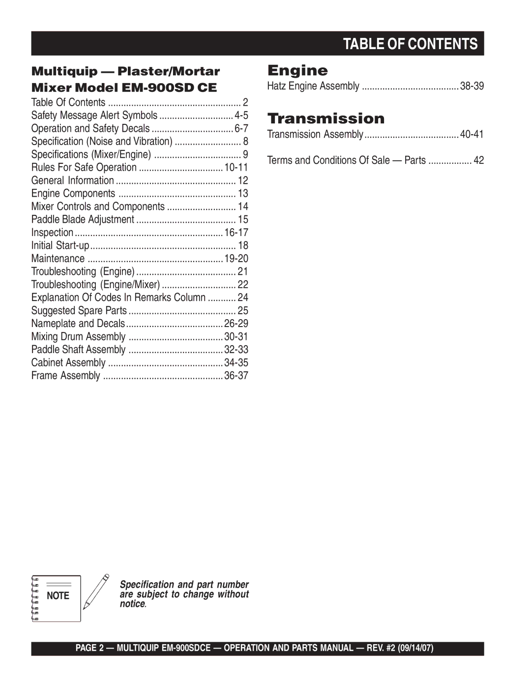 Multiquip EM-900SD manual 10-11, 16-17, 19-20, 26-29, 30-31, 32-33, 34-35, 36-37, 38-39, 40-41 