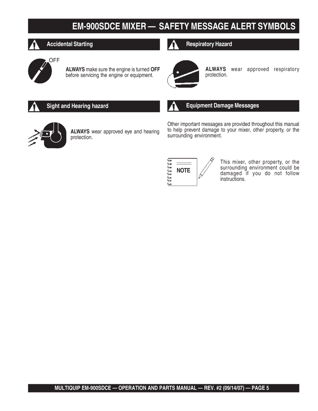 Multiquip manual EM-900SDCE Mixer Safety Message Alert Symbols, Always wear approved respiratory protection 