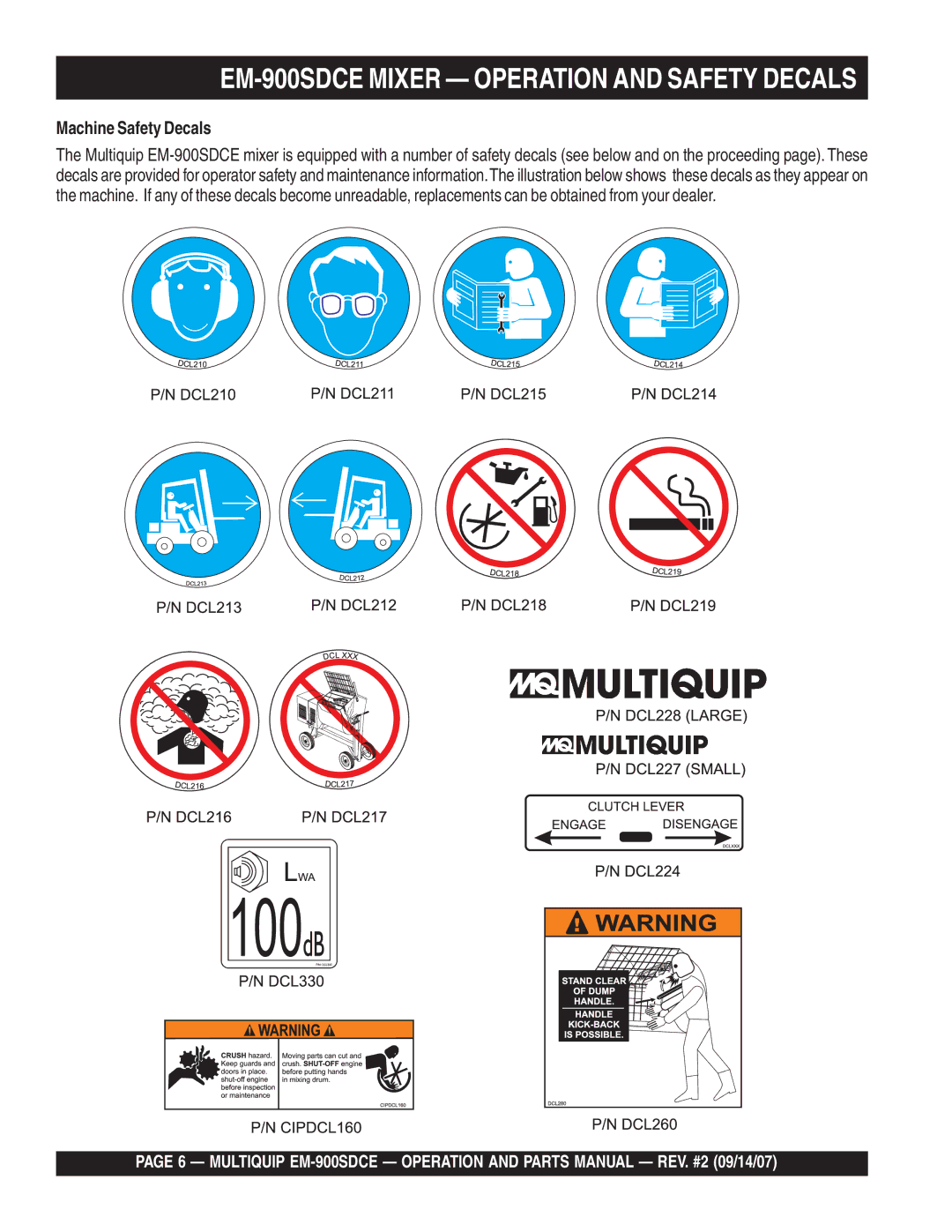 Multiquip manual EM-900SDCE Mixer Operation and Safety Decals, Machine Safety Decals 