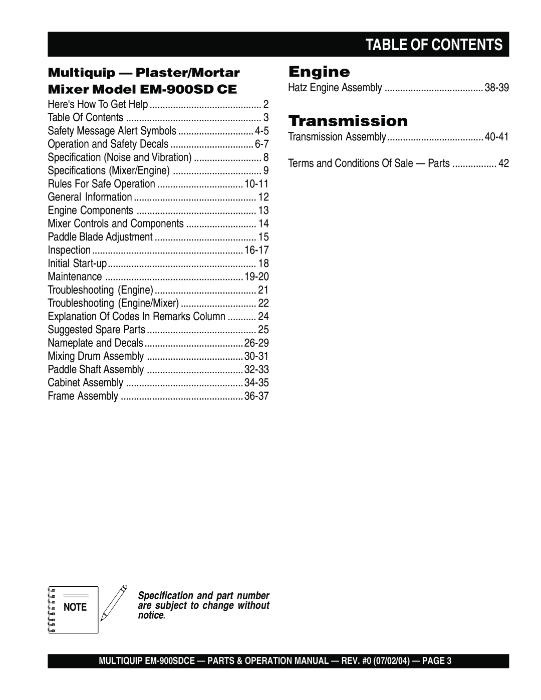 Multiquip manual Table Of Contents, Engine, Transmission, Multiquip - Plaster/Mortar Mixer Model EM-900SD CE 