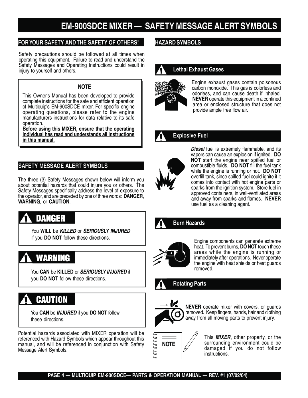Multiquip manual Danger, EM-900SDCE MIXER - SAFETY MESSAGE ALERT SYMBOLS, Safety Message Alert Symbols, Explosive Fuel 