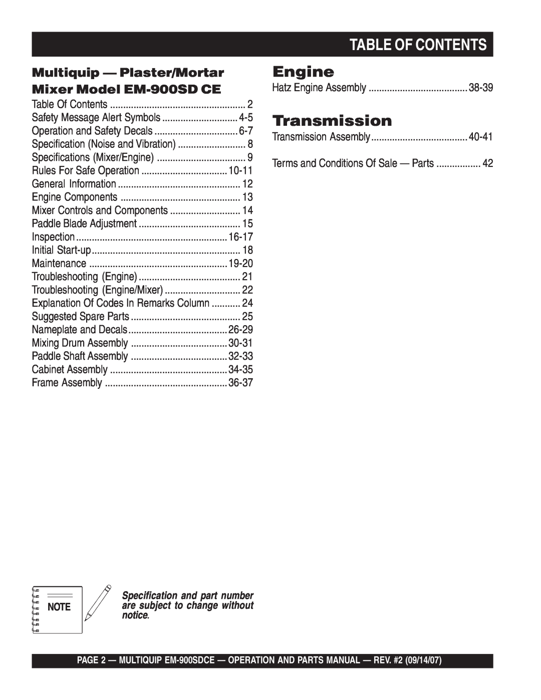 Multiquip manual Engine, Transmission, Table Of Contents, Multiquip — Plaster/Mortar Mixer Model EM-900SDCE 