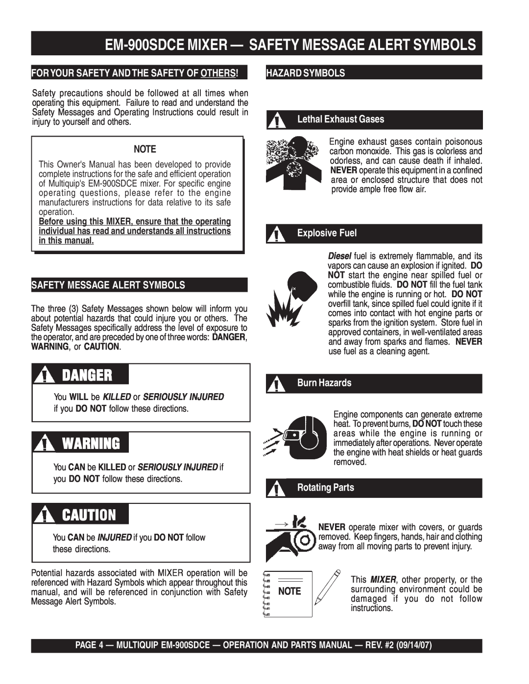 Multiquip manual Danger, EM-900SDCEMIXER — SAFETY MESSAGE ALERT SYMBOLS, Safety Message Alert Symbols, Explosive Fuel 