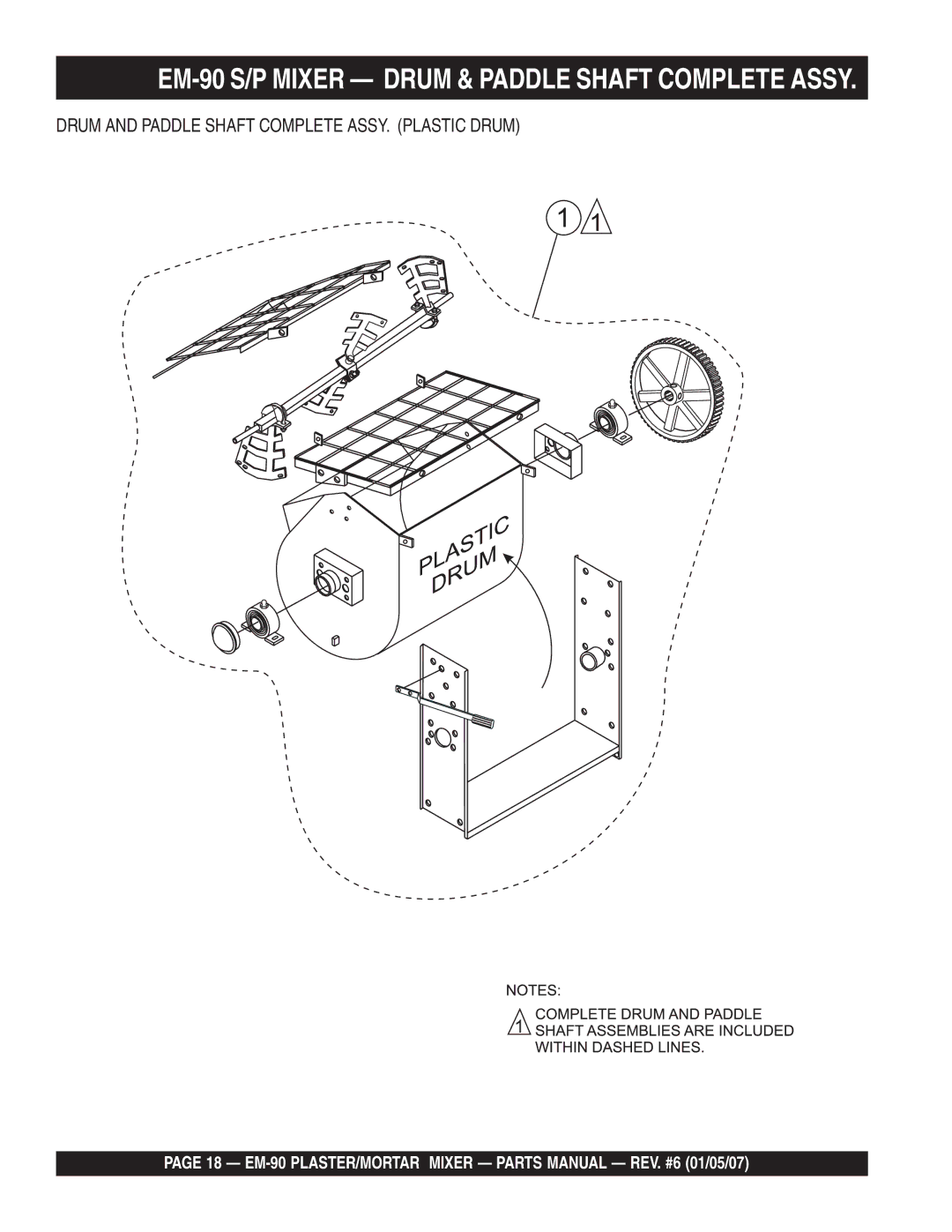 Multiquip EM-90P EM-90 S/P Mixer Drum & Paddle Shaft Complete Assy, Drum and Paddle Shaft Complete ASSY. Plastic Drum 