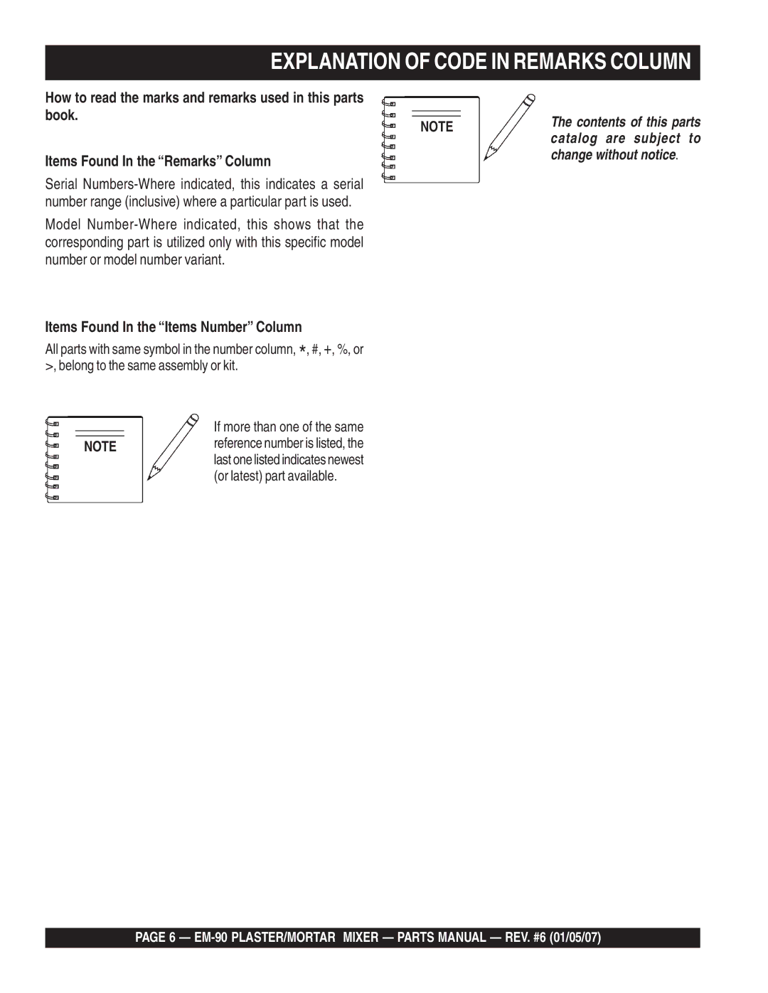 Multiquip EM-90P, EM-90S manual Explanation of Code in Remarks Column 