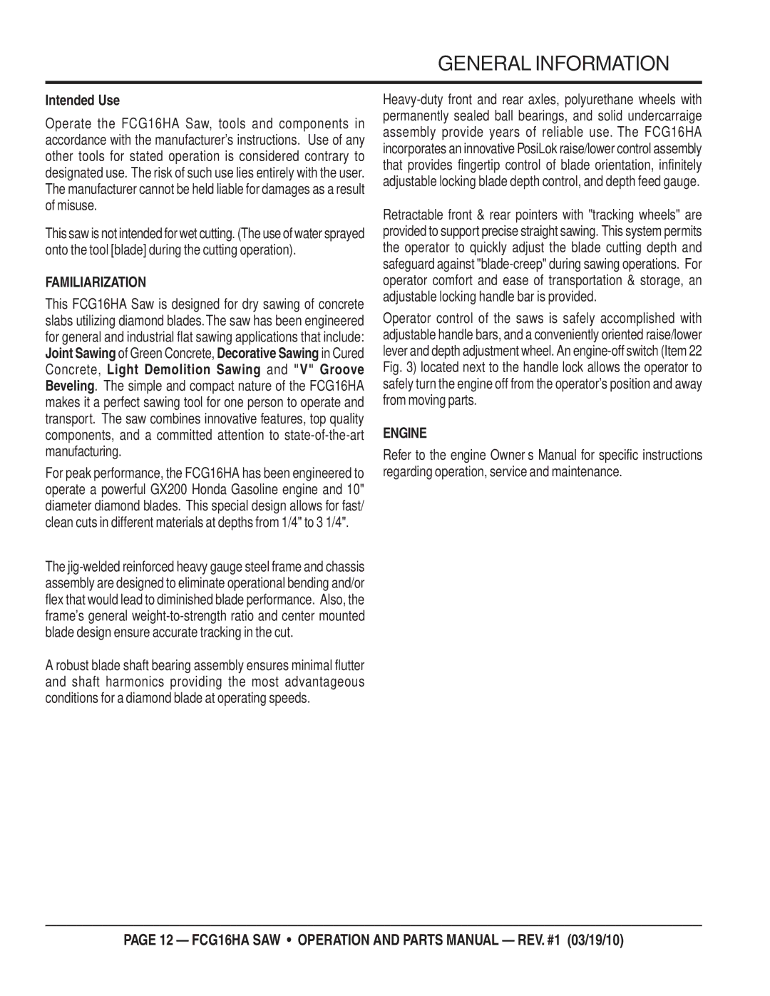 Multiquip FCG1-6HA manual General Information, Intended Use 